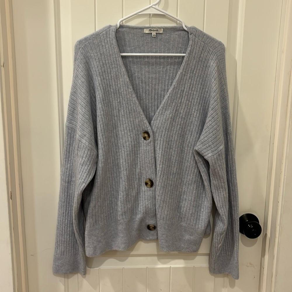 Madewell Womens Cameron Ribbed Coziest Yarn Heather Light Blue Cardigan xLarge